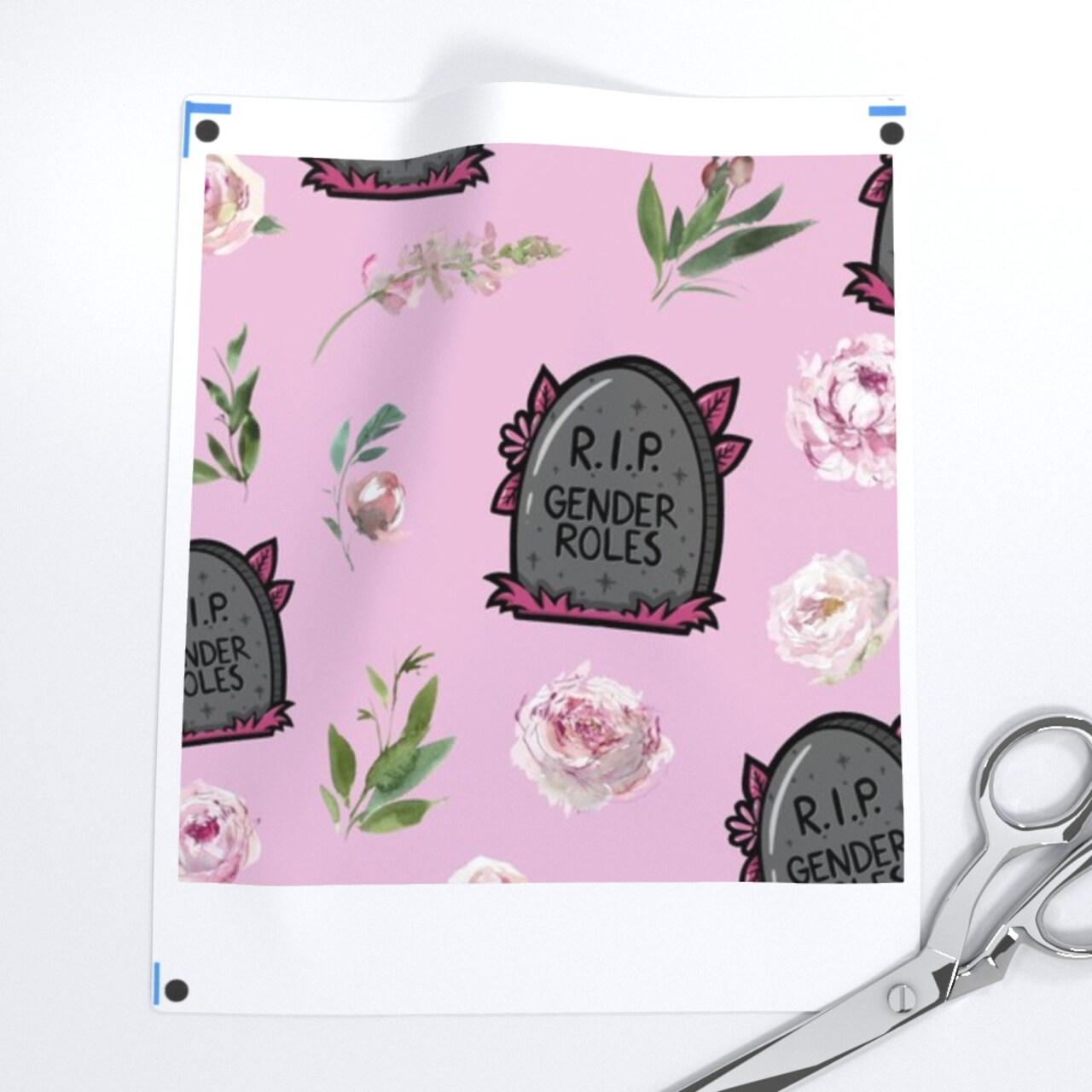 Feminist Novelty Quirky Quote Tombstone Pink Flowers Floral Graveyard Cemetery Gender Studies Identity Feminism Grave Custom Printed Fabric by Spoonflower Various Fabrics by the Yard or Fat Quarter